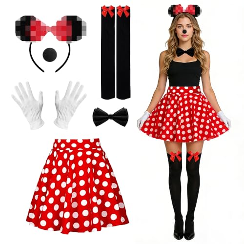 Yiantai Damen Maus Mouse Kostüm Mouse Kostüm Damen Rot Tutu mit weiß Gepunktet Haarreifen mit Maus Ohren Mouse Kostüm Set mit Handschuhe Nase Damen Faschingkostüme
