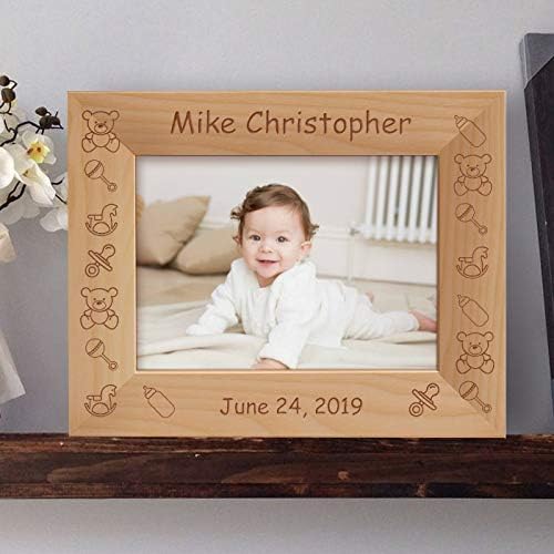 Baby's Name and Birthdate Personalized Wooden Picture Frame 5" x 7" Brown (Vertical)