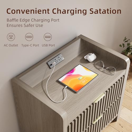 Image of BREEZEHEAT Fluted Nightstand Set of 2, Nightstands with Charging Station, Large Nightstand Bedside Table with 2 Large Drawers, Mid Century Modern End Table for Bedroom, 24 inch Wide, Grey Alder