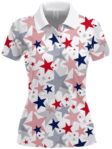 Polocask Funny Womens Golf Shirt Funny Golf Shirts Womens Golf Outfit Golf Clothes for Women Red White Blue Star Women Shirt