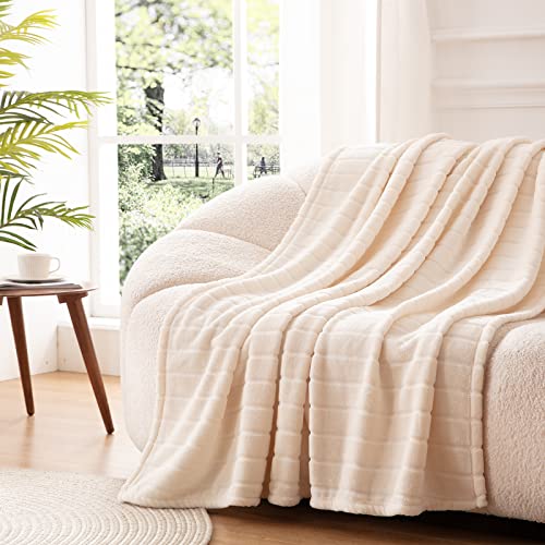Bertte 330 Gsm Lightweight Fluffy Cozy Luxury Decorative Stripe Bed Couch Plush Throw Super Soft Fuzzy Warm Blanket, Twin(60"X 80"), Ivory White #TOP1