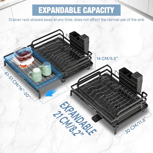 Image of DEVA Dish Drying Rack, Stretchable Large Utensils Drying Rack, Stainless Steel Kitchen Dish Rack with Drainer Tray