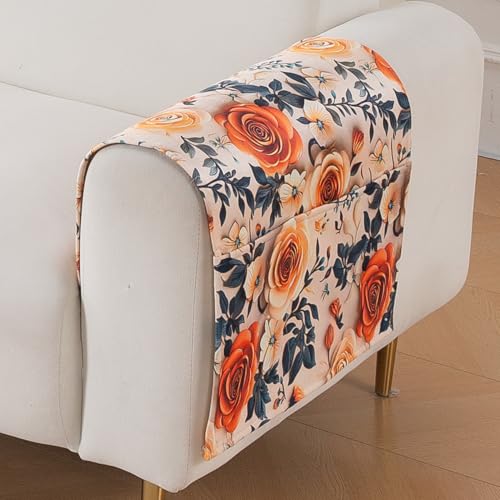 Image of HOKIPO 'Nature Muse' Premium HD Printed Holland Velvet Sofa Armrest Covers with Pockets | 1 Pair | Caramel Ambrosia (IN-921-L-D8*2)