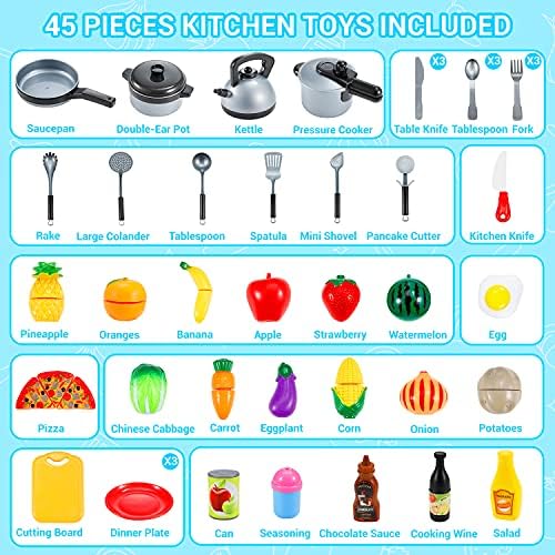 Kitchen Pretend Toys, 45 PCS Theefun Role Play Kids Kitchen Toys Kitchen Accessories Educational Learning Toy Cutting Fruits Food Vegetable Playset, Great Gifts for Boys Girls 3 4 5 6 7 8 Years Old