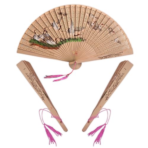 Image of Classic Saras Crane Hand Painted Designer Wooden Japanese Hand Held Fan (17 inch) (Pack Of 1)