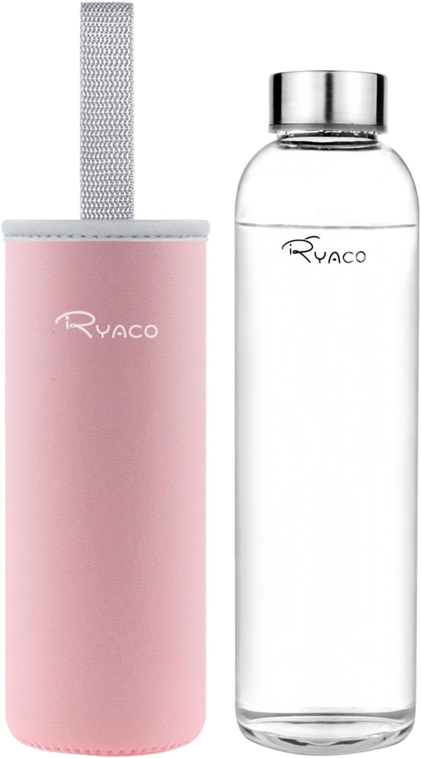 Borosilicate Glass Water Bottle 1000ml/1L BPA-Free Leak Proof Ideal for School Home Office Travel Sport Yoga Gym Hot Cold Drinks with Portable Neoprene Carrying Sleeve and Sponge Brush