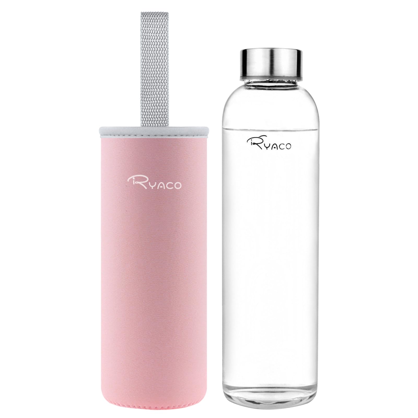 RYACO Borosilicate Glass Water Bottle 1000ml/1L BPA-Free Leak Proof Ideal for School Home Office Travel Sport Yoga Gym Hot Cold Drinks with Portable Neoprene Carrying Sleeve and Sponge Brush