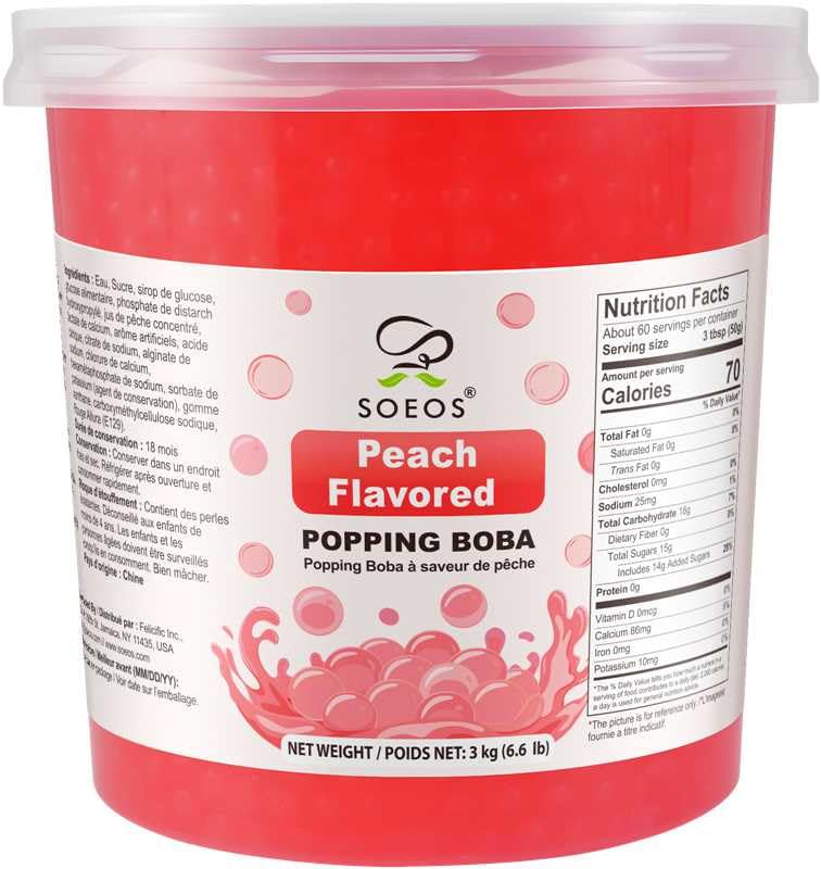 Image of Soeos Popping Boba, Bursting Juice Balls for Drinks and Desserts, Premium Bubble Tea Toppings (6.6 lbs (3 kg), Peach)