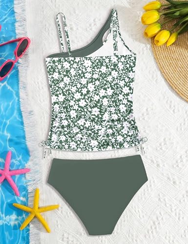 Image of AGAPENG Girls Swimsuit Two Piece One Shoulder Tankini Floral Print Drawstring Swimwear Set 7-14Y