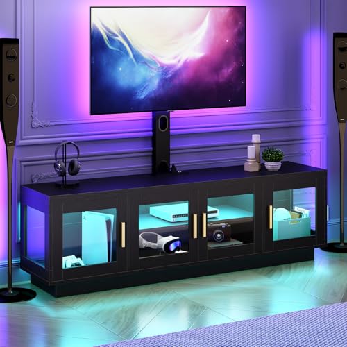 RALGEND TV Stand with Mount and Power Outlet, Swivel TV Stand Mount with LED Lights for 32/45/55/60/65/70/75 inch TVs, Modern Entertainment Center Media Console with Height Adjustable Mount, Black
