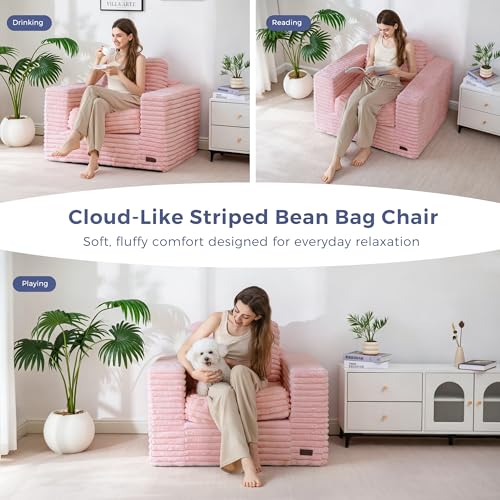 Image of MAXYOYO Bean Bag Chair with Pillows, Floor Sofa with Armrests and Support, Plush Foam Filled Lounge Chair for Adults, Cozy Bean Bag Couch for Living Room, Bedroom, Apartment, Pink