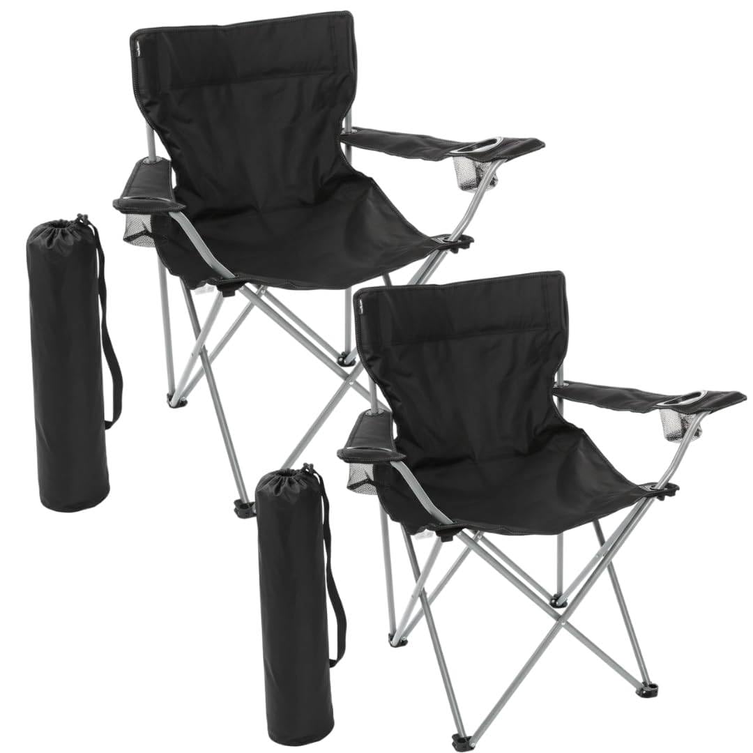 I LOVE FANCY DRESS Lot de 2 chaises de camping pliantes noires avec porte-gobelet – Chaises d'extérieur légères avec sac de transport pour la pêche, les festivals, le camping, les pique-niques et les