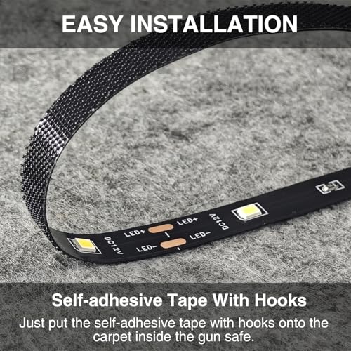 Image of Motion Sensor Gun Safe Light with Self-Adhesive Tape with Hooks for Gun Safe with Carpet Interior (Cold White 6000K (3.28FT Light Strip), Power Adapter (3.28FT Cable))
