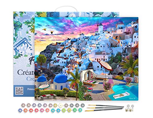 Figured'Art Peinture par Numéro Adulte avec Cadre Paysage de Grèce - Activité Manuelle Kit de Loisir Créatif DIY Numéro d'Art Complet - 40x50cm toile tendue sur châssis