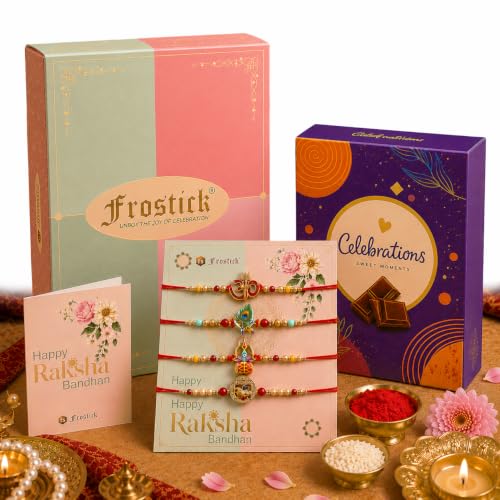 Image of Frostick Men's Rakhi Gift Set - 4 Designer Rakhis, 1 Celebrations Chocolates Pack, Roli Chawal, Greeting Card | Perfect Raksha Bandhan Chocolate Combo for Brother