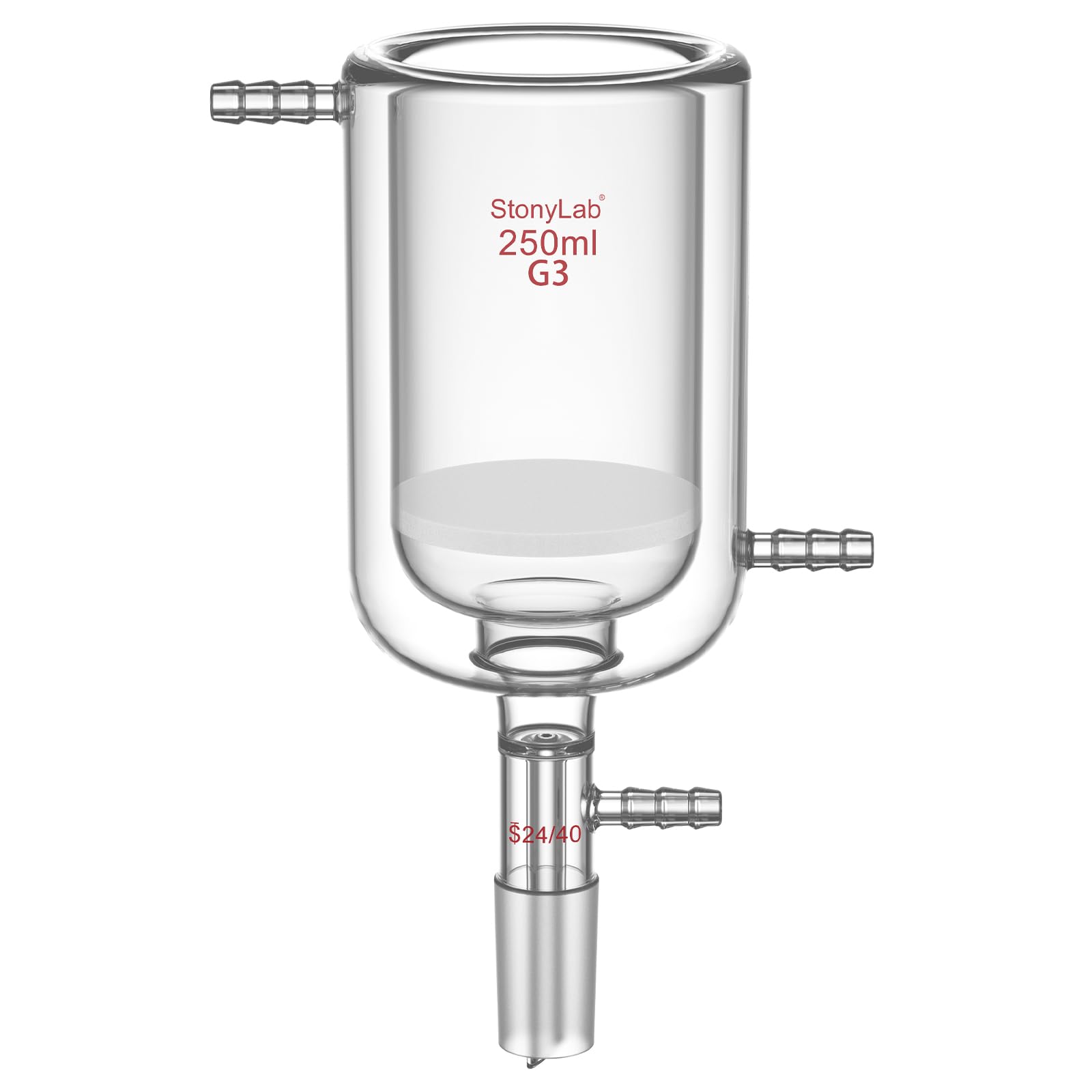 stonylab Embudo Buchner Jaquetado con Disco Filtro Frito (15-40 μm), Vidrio Borosilicato, Conexión 24/40, Conexión de Manguera 10 mm, 250 ml para Filtración al Vacío con Control de Temperatura