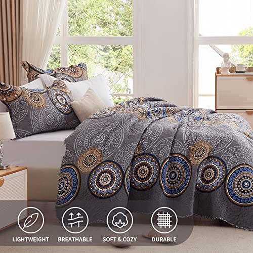 3 Pieces King Size Quilt Set Lightweight Summer Bedspread 98''X106'' Soft Microfiber Floral Coverlet Luxurious Warm Bed Cover For All Seasons Vintage Gray Bedding Set (1 Quilt, 2 Pillow Shams) #TOP2