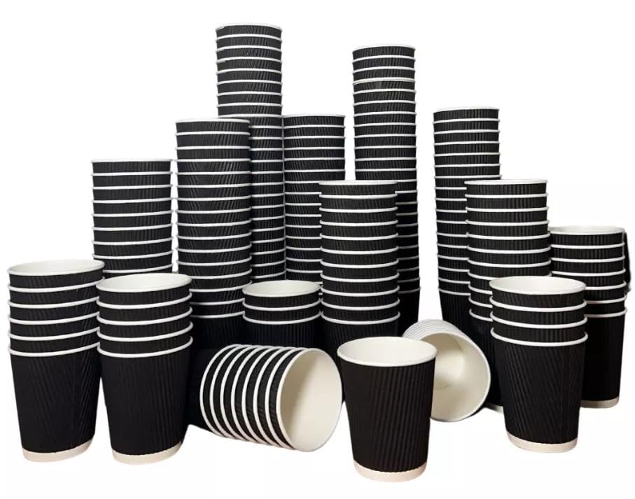 MegaAisle Black Ripple Paper Coffee Cups 8oz – 100 Disposable Triple Wall Hot Drink Cups – No Sleeve Needed – Insulated for Coffee, Tea, Catering, Office & Takeaway Use