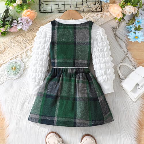 Image of Toddler Girls Christmas Outfits Girls Puff Sleeve Knit Ribbed Tops Button Down Vest Plaid Skirt Set Winter Clothes