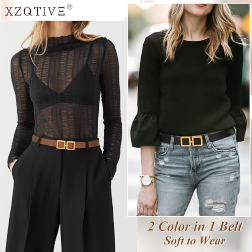 XZQTIVE 2 in 1 Reversible Leather Belts for Women Dress Pants Jeans with Fashion Gold Buckle, 0.9'' Wide3