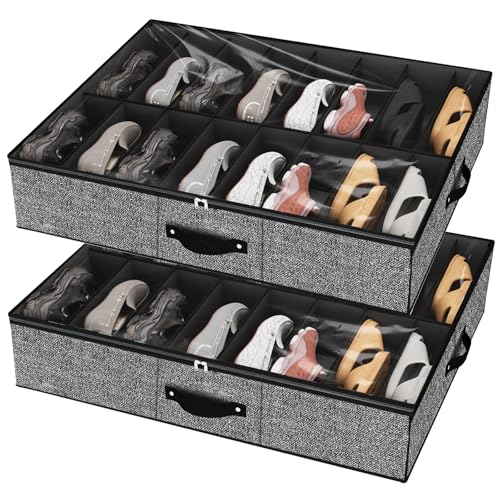 Image of homyfort 32 Pairs Shoe Organizer Under Bed, Underbed Shoe Storage Boxes Bins, Organizador De Zapatos, Extra Large Zapateras Organizer, Black, Set of 2