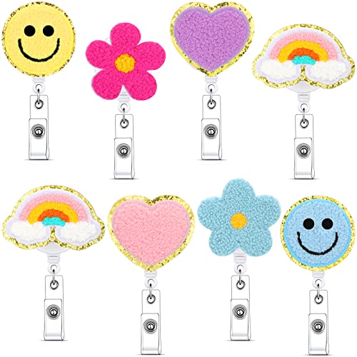 8 Pcs Preppy Nurse Reel Accessories Smile Face Flower Butterfly Rainbow Heart Felt Badge Holder Nursing Name Id Badge Reel Accessories With Swivel Alligator Clip For Id Name Card (Flower) #TOP23