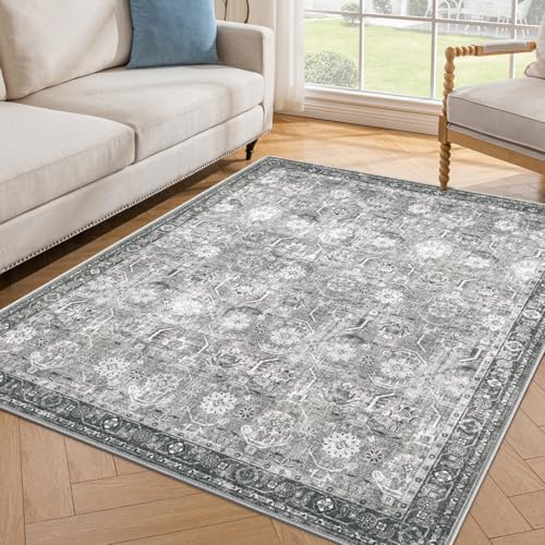 Woodbruy 5x7 Area Rugs, Soft Non Slip Low Pile Washable Rug, Boho Modern Rug for Living Room, Bedroom, Dining Room, Distressed Grey