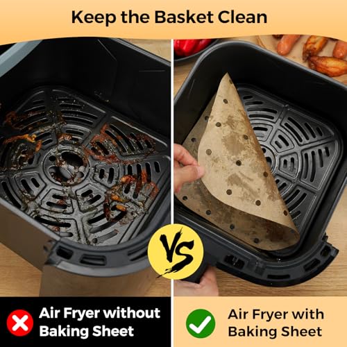 Image of Vailnd Air Fryer Liners Disposable, 100pcs 8.5In Square Parchment Paper Sheets Unbleached, Perforated Food Steamer Liner for 5-8 Qt Air Fryers Baking Cooking Oven