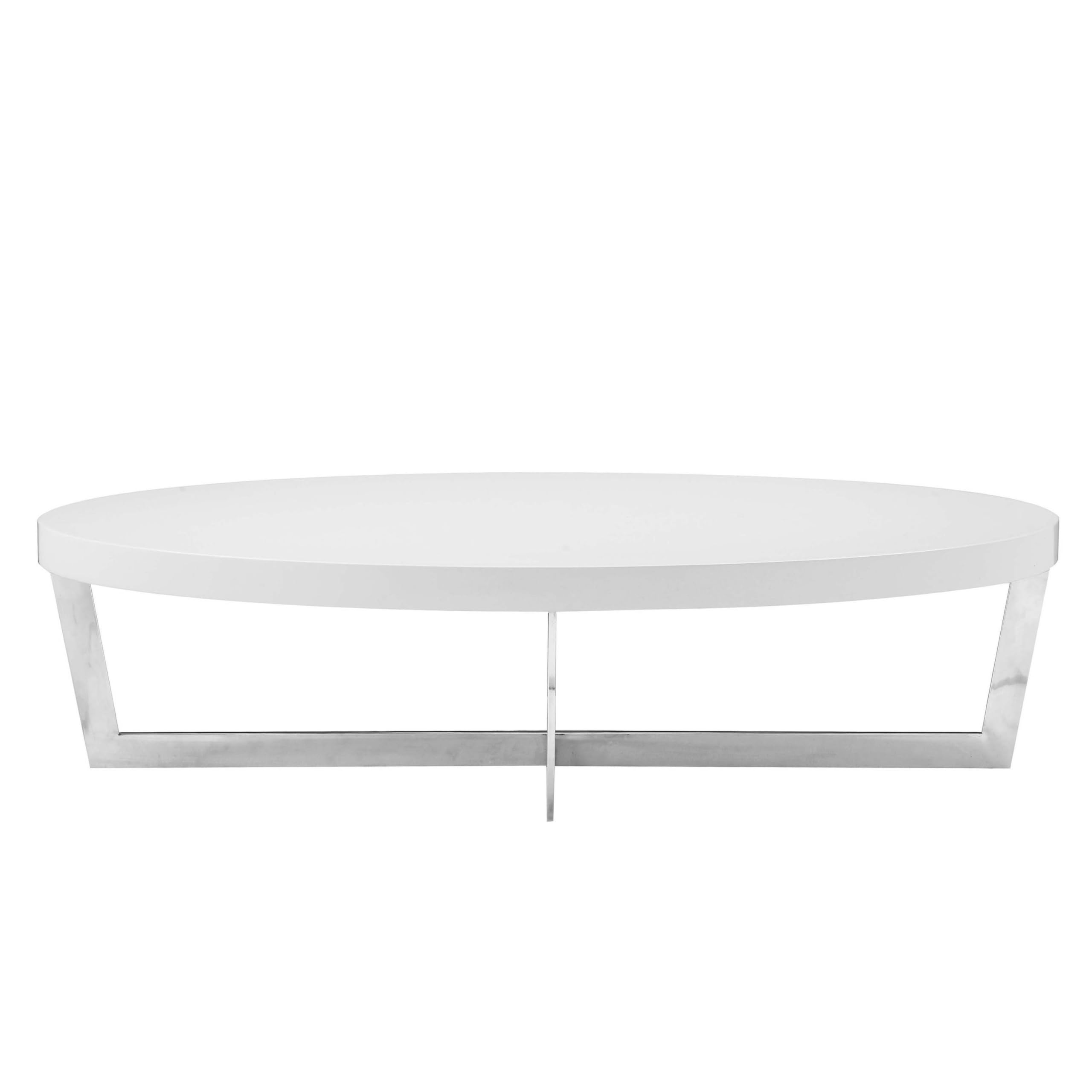 Benjara Tini 55 Coffee Table- Oval Shaped Top- Metal Frame- White Finish