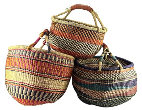 Grand panier rond Bolga original du Ghana en Afrique avec poignée en cuir issu du commerce équitable - Environ 35-40 cm