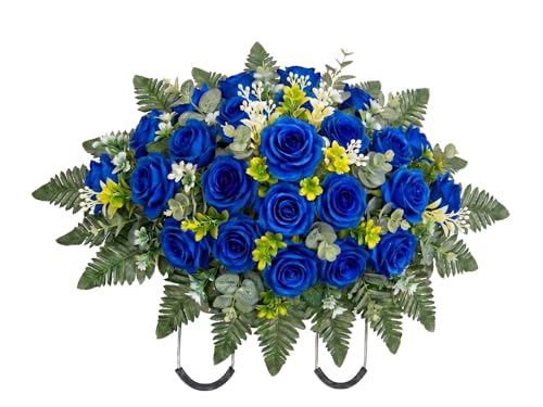 Artificial Cemetery Flowers for Graveside - Headstone Saddle Flower Arrangement, Outdoor Grave Memorial Tombstone Decor, Weather-Resistant Faux Roses (Blue) image 6