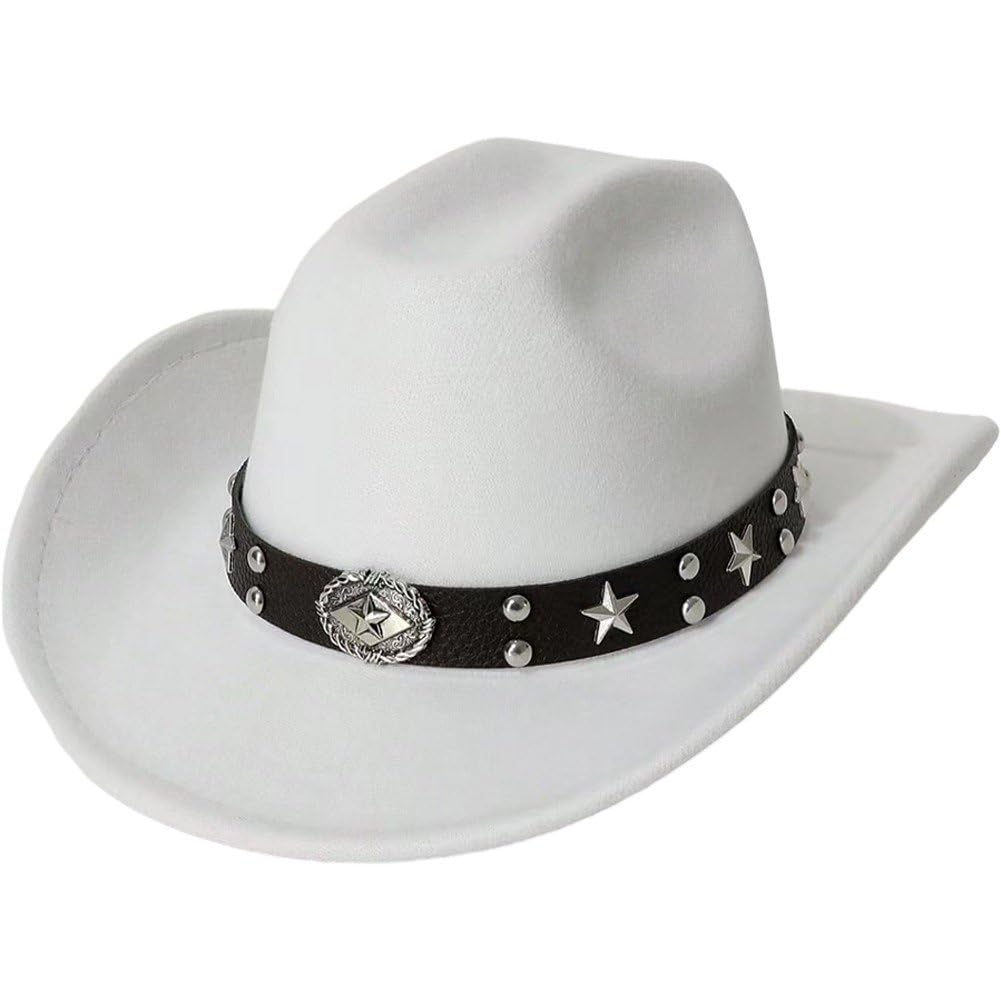 Sofezdo Vintage Cowboy Hat with Star Rivets Leather Trim Felt Cowgirl Hat Summer Wide Brim Western Style Hat for Cowboy Party