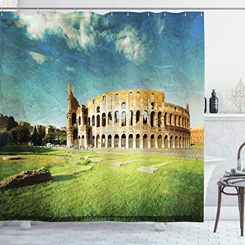 ABAKUHAUS Ancien Rideau de Douche, Sunset Rome Italien, Tissu Ensemble de Décor de Salle de Bain avec Crochets, 175 cm x 200 cm, Vert Bleu