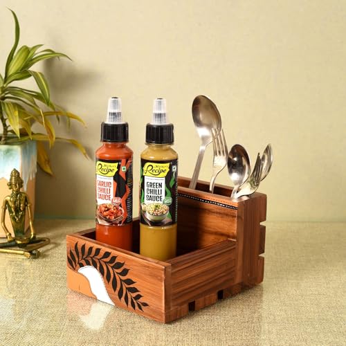 Image of AAKRITI ART CREATIONS Teak Leaves Cutlery Holder Large | Hand-painted Teak Wood Stand For Dining Table | Kitchen Knife Holder | Wooden Cutlery Holder, Natural Brown Matte Finish