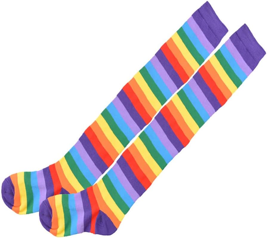 2 Pcs Cotton Arm Warmers Rainbow Thigh High Socks Colorful Fingerless Gloves Long Striped Multicolor - Image 4