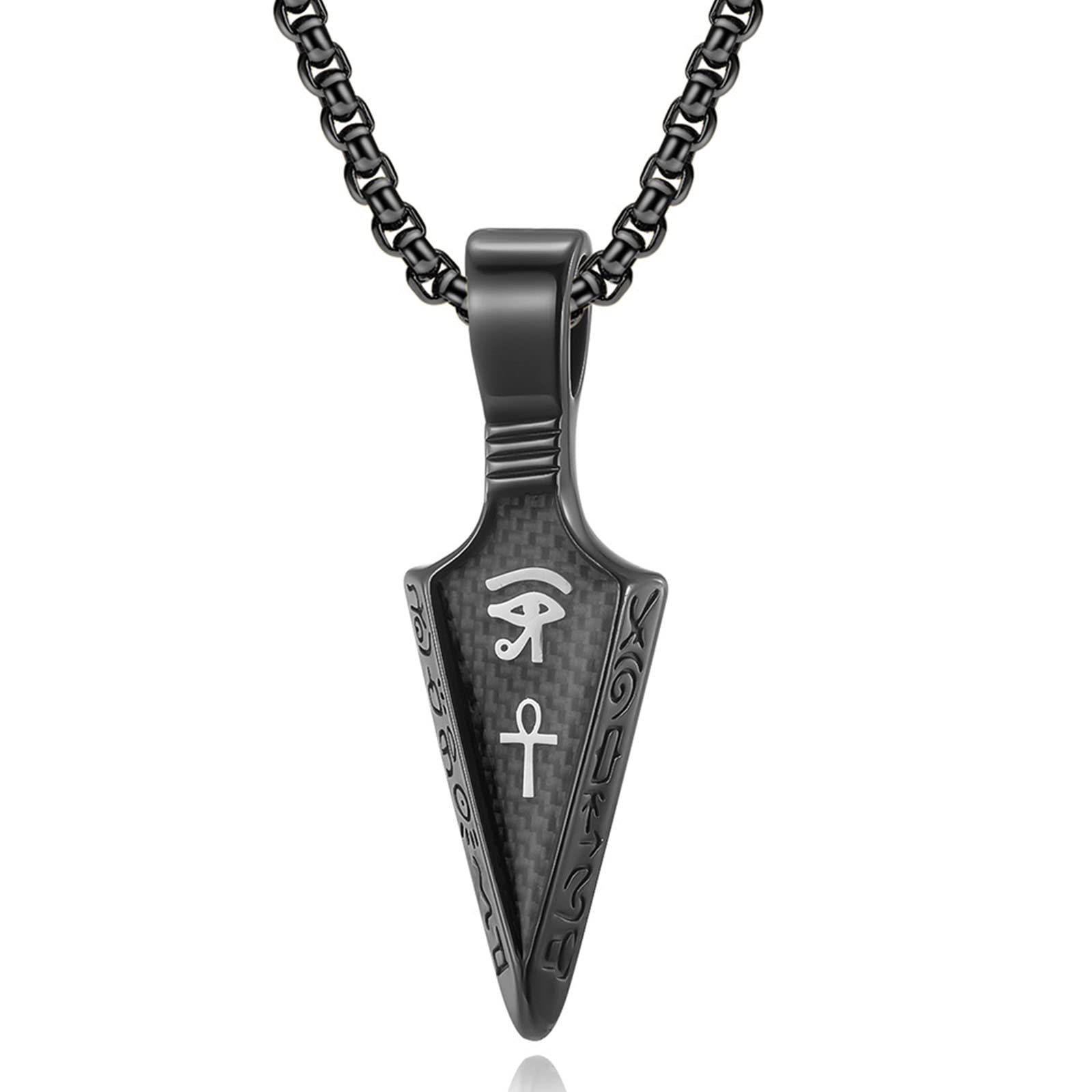 Men's Spearhead with Eye of Horus Ankh Pendant Necklace Retro Egyptian Symbols Handmade Jewelry Gift for Boyfriend,Black,80cm(32in)