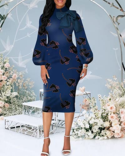 Image of Sexy Long Sleeve Dress for Women Solid Color Bow Knot Turtleneck Formal Gown Midi Casual Church Dresses