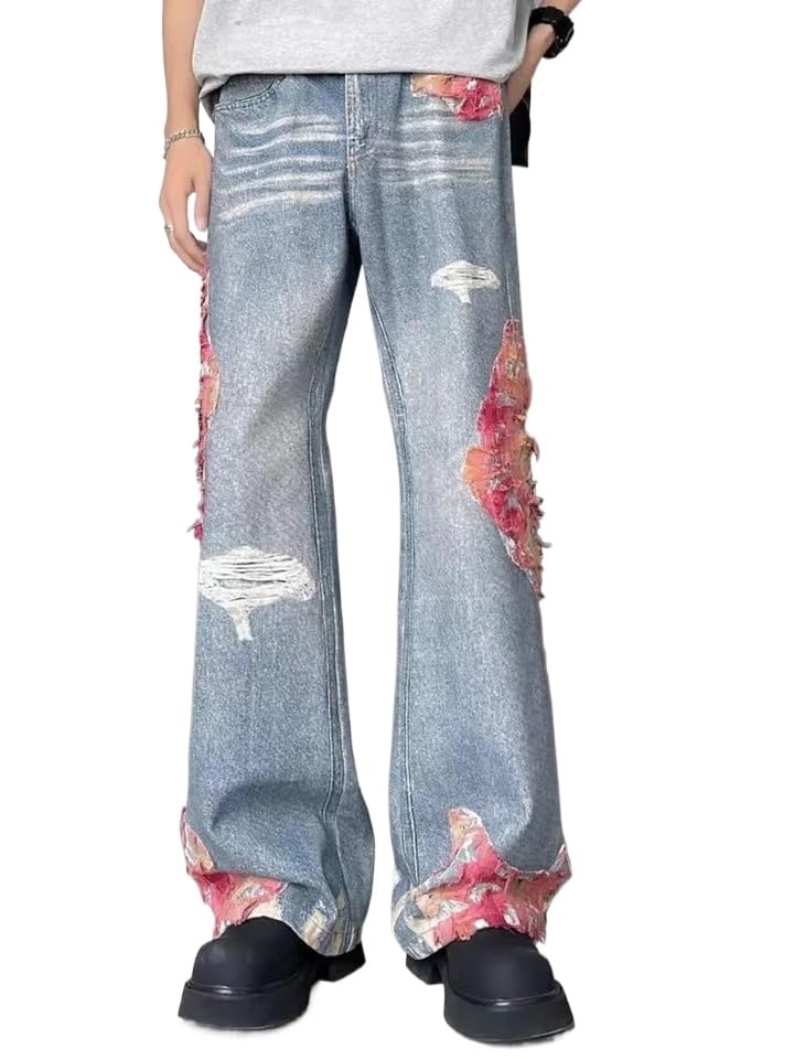Y2k Grunge Ripped Print Contrast Patchwork Straight Harajuku Hip Hop Casual Baggy Trendy High Waist Hallow Out Jeans