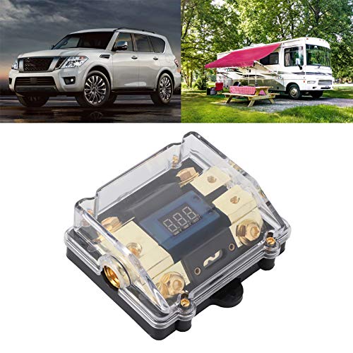 Fused Holder Box, Transparent Cover Fused Holder Block 100A 1 in 2 Out with LED Digital Voltage Display Power Distribution Block Replacement for Car Yacht Audio, 4.3 x 3.7 x 1.6in