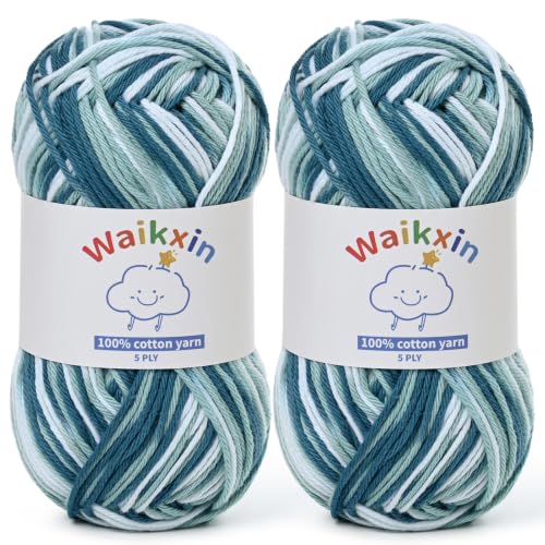 Image of Cotton Yarn for Crocheting - 262.4yds / 3.52oz Baby Yarn for Crocheting Soft - 100% Milk Cotton Yarn 5 Ply Crochet Amigurumi Yarn for Crafts&Puzzle /Socks /Hats(2 Blue-White)