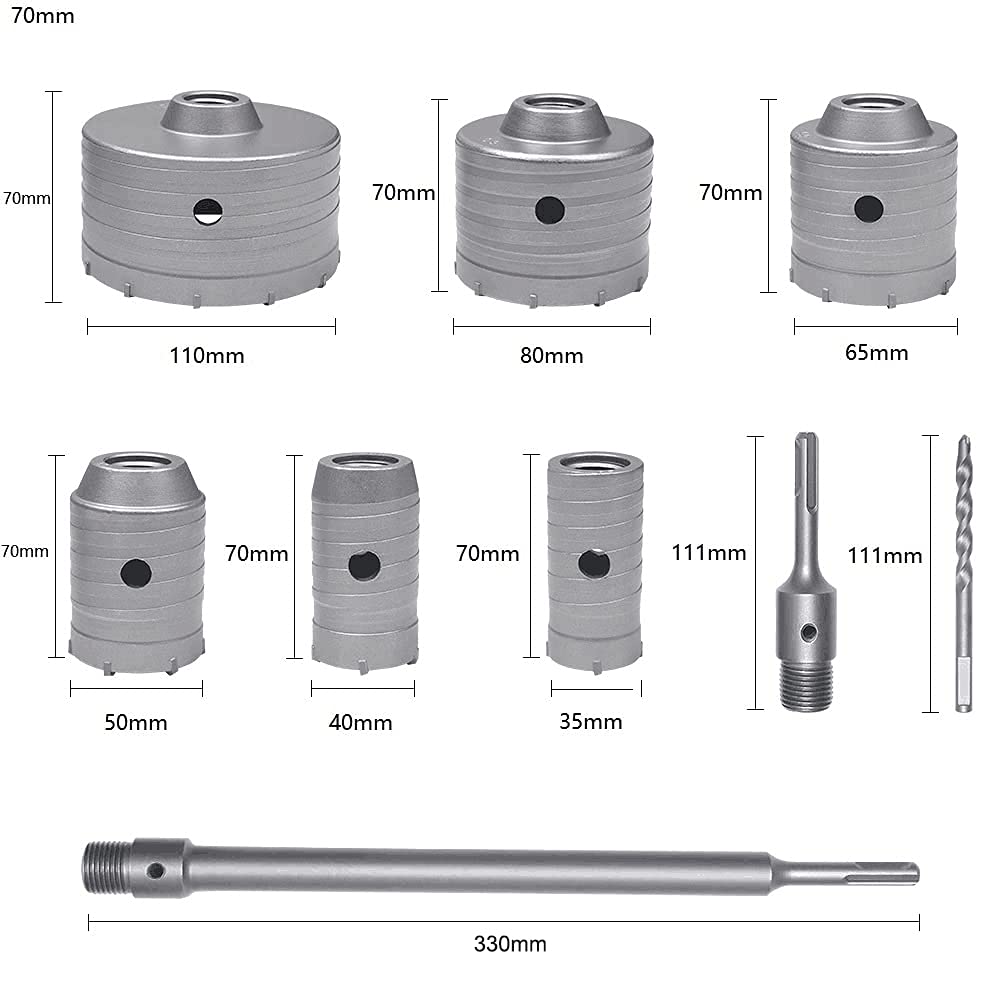 Piła werbkowa Flintronic Zestaw pilarek, 10 szt. Wiertło do betonu SDS Pręt przedłużający końcówkę z węglika wolframu - Ø35 mm, 40 mm, 50 mm, 65 mm, 80 mm i 110 mm, wysoka jakość
