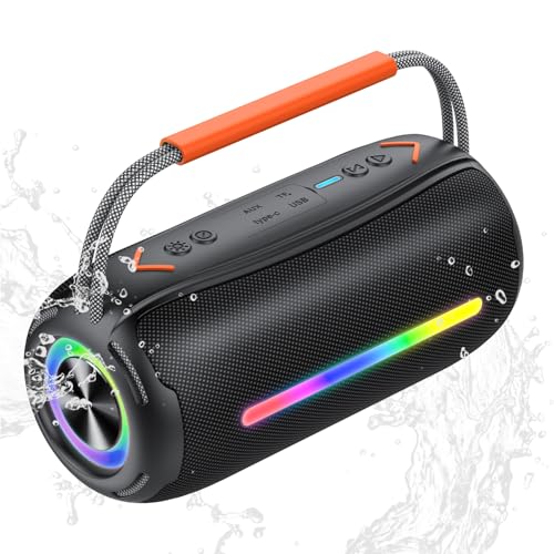 Enceinte Bluetooth avec poignée de transport, 40 W, boîte à musique Bluetooth avec double pilotes de basses, étanchéité IPX7, lumières RVB, couplage...