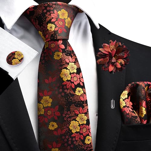 Image of GUSLESON 3.15 inch(8cm) Mens Floral Tie and Lapel Pin Necktie Hankerchief Cufflinks Set for Men