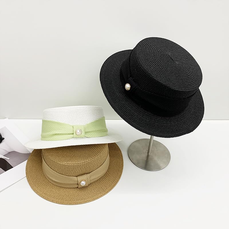 Sombrero de Paja de ala Ancha para Mujer,Ligero,Estilo Canotier,con Parte Superior Plana y Perla,Transpirable,para Actividades Al Aire Libre