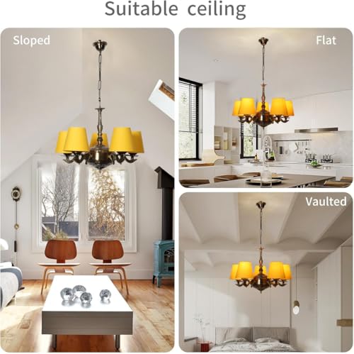 Image of Devansh 05 Lights Yellow conical Cotton Shade with Antique Golden Chandelier