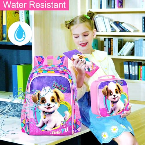 3PCS Kids Backpack for Girls, 16'' Dog Preschool Bookbags with Lunch Box, Cute Animal Water Resistant School Backpacks Set for Elementary Kindergarten Toddler3