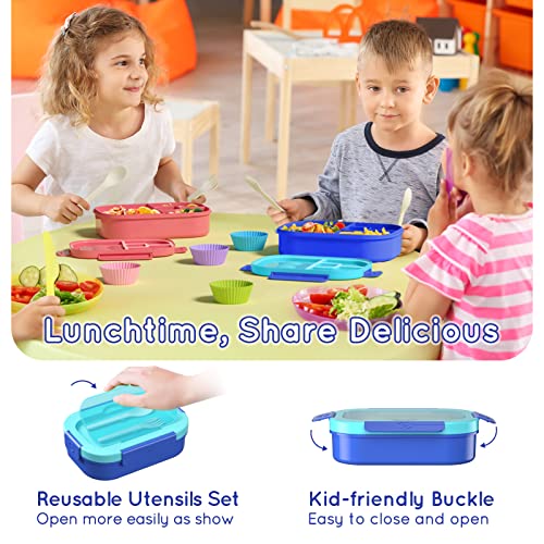 Image of Kids Bento Lunch Box Leakproof Lunch Box with 4 Compartments Lunch Containers with Tableware Kids Bento School Lunch Boxes with Container 44oz, Microwave Dishwasher Freezer Safe (Blue)