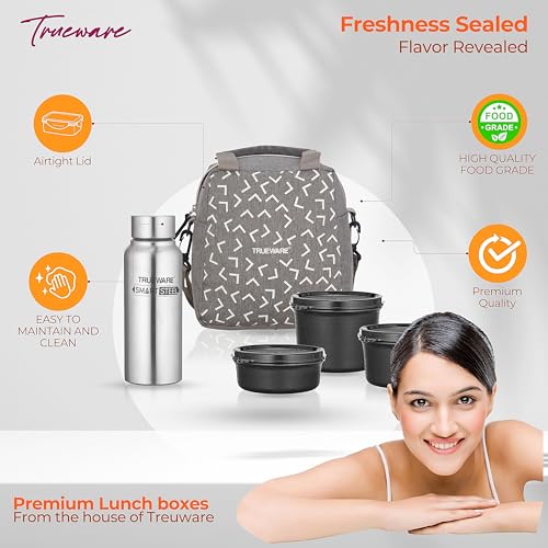 Image of Trueware Omaga Lunch Box with Insulated Khadi Jacket, 3 Microwave Safe & Leak Proof Inner Stainless Steel Containers(1 x 200ml, 1 X 400ml & 1 X 500ml) & 1 Steel Bottle 500ml Tiffin for Office,College