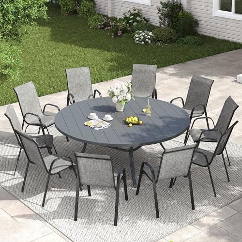 Image of VICLLAX Patio Dining Set for 10, Round Table & Stackable Chairs