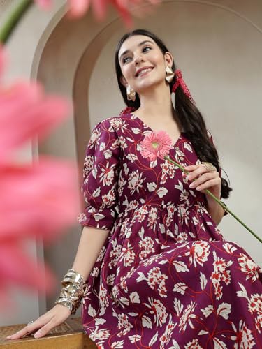 Image of Stylum Women's Ethnic Printed Cotton Flared Dress